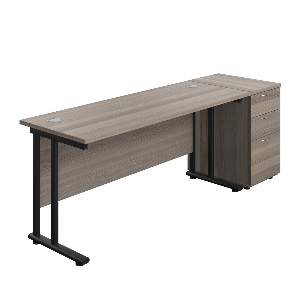Twin Upright Rectangular Desk + Desk High 3 Drawer Pedestal (FSC) | 1600X600 | Grey Oak/Black | 