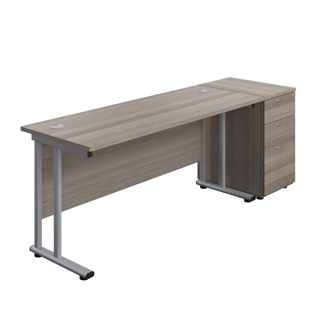 Twin Upright Rectangular Desk + Desk High 3 Drawer Pedestal (FSC) | 1600X600 | Grey Oak/Silver | 