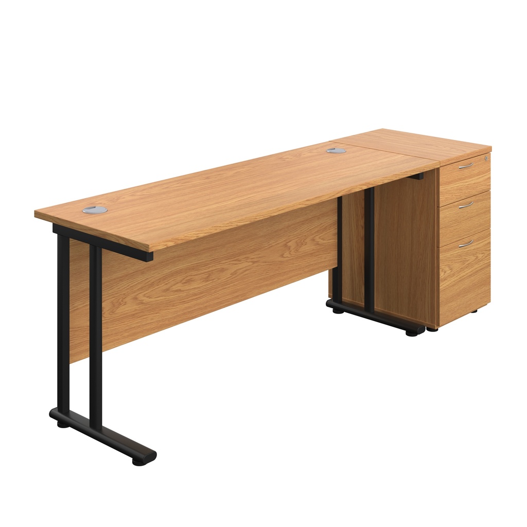 Twin Upright Rectangular Desk + Desk High 3 Drawer Pedestal (FSC) | 1600X600 | Nova Oak/Black | 