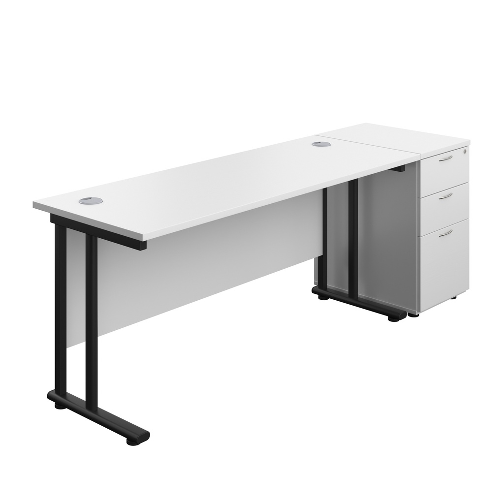 Twin Upright Rectangular Desk + Desk High 3 Drawer Pedestal (FSC) | 1600X600 | White/Black | 