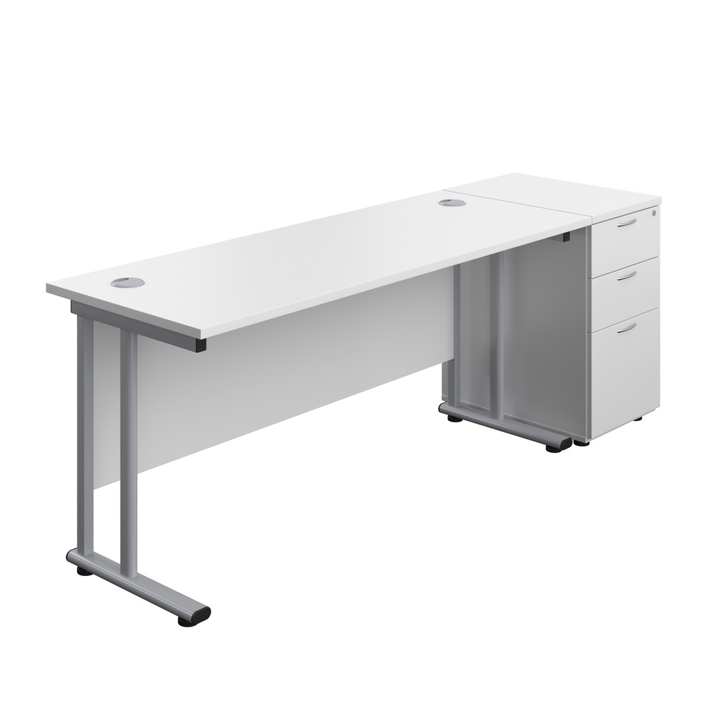 Twin Upright Rectangular Desk + Desk High 3 Drawer Pedestal (FSC) | 1600X600 | White/Silver | 