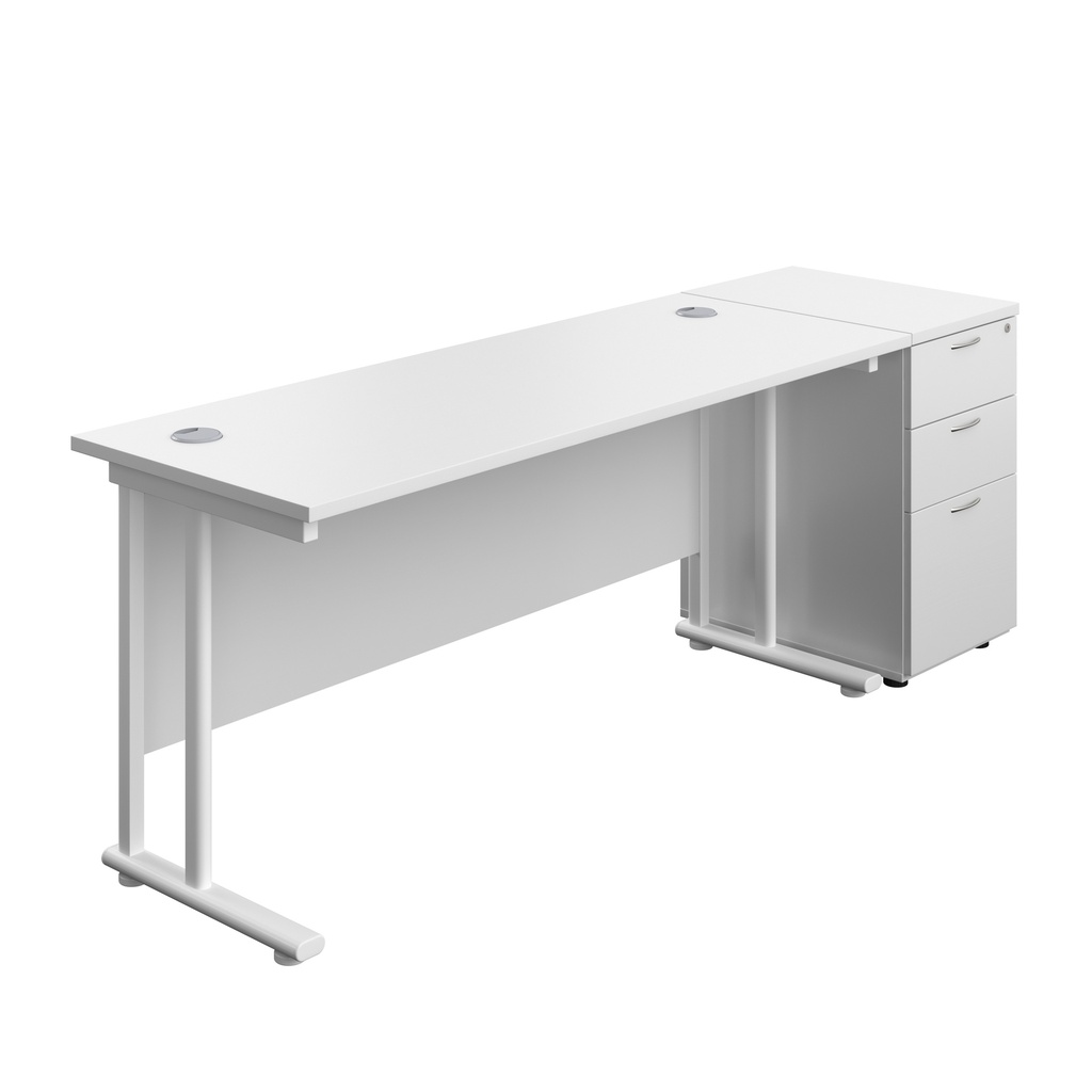 Twin Upright Rectangular Desk + Desk High 3 Drawer Pedestal (FSC) | 1600X600 | White/White | 