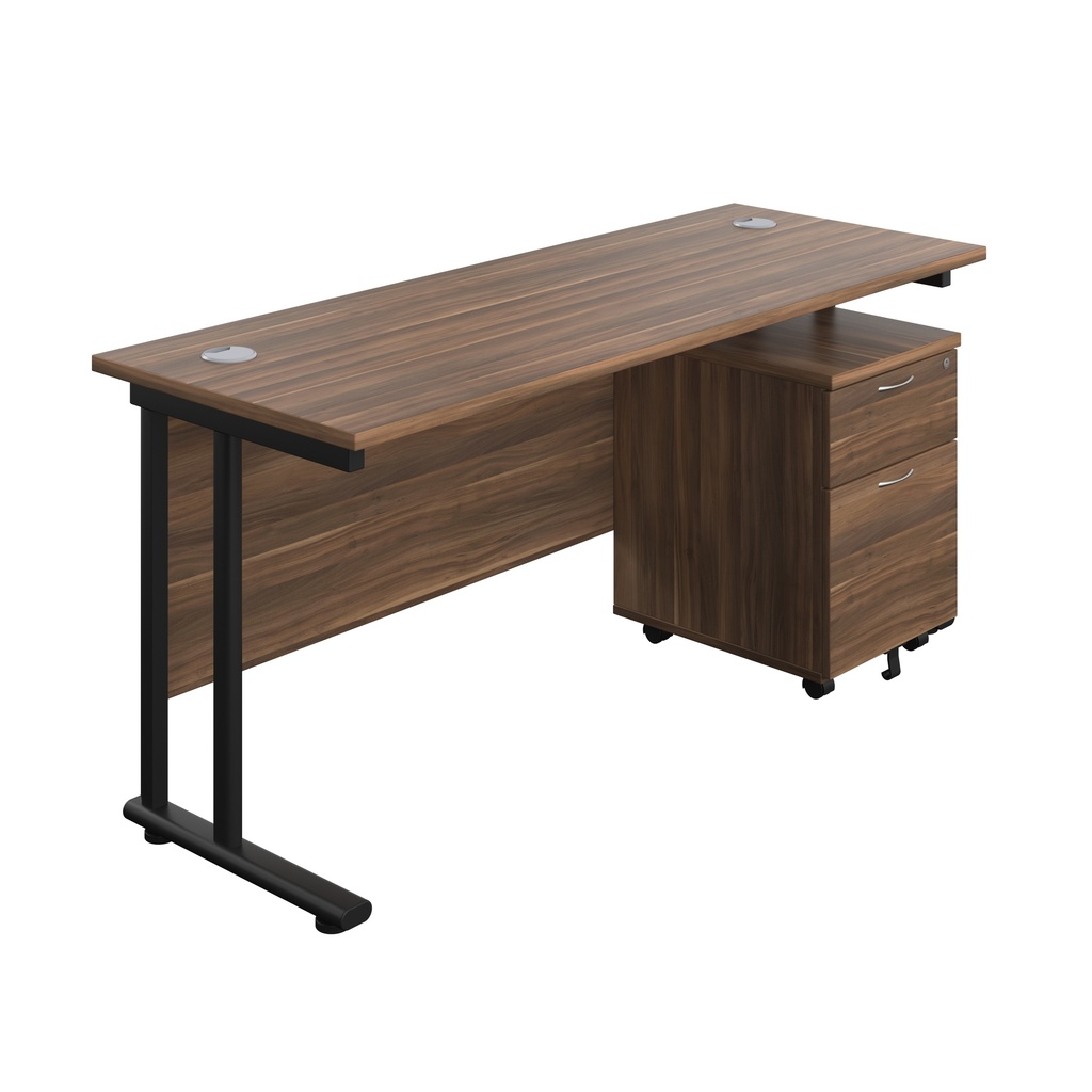 Twin Upright Rectangular Desk + Mobile 2 Drawer Pedestal (FSC) | 1600X600 | Dark Walnut/Black | 
