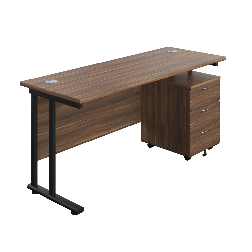 Twin Upright Rectangular Desk + Mobile 3 Drawer Pedestal (FSC) | 1600X600 | Dark Walnut/Black | 