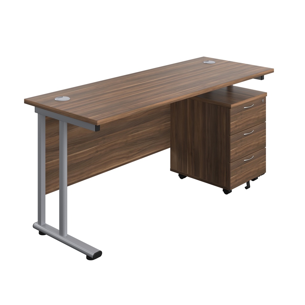 Twin Upright Rectangular Desk + Mobile 3 Drawer Pedestal (FSC) | 1600X600 | Dark Walnut/Silver | 