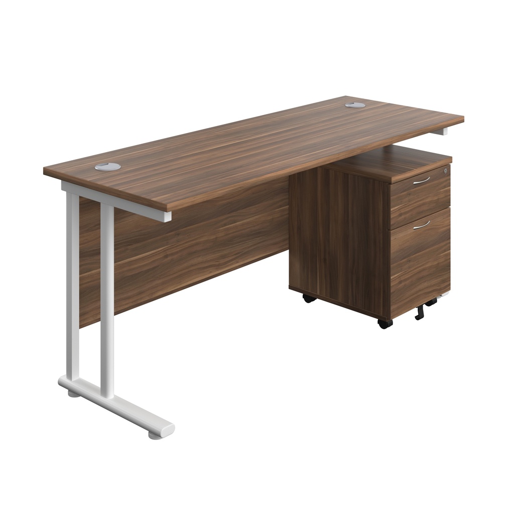Twin Upright Rectangular Desk + Mobile 2 Drawer Pedestal (FSC) | 1600X600 | Dark Walnut/White | 