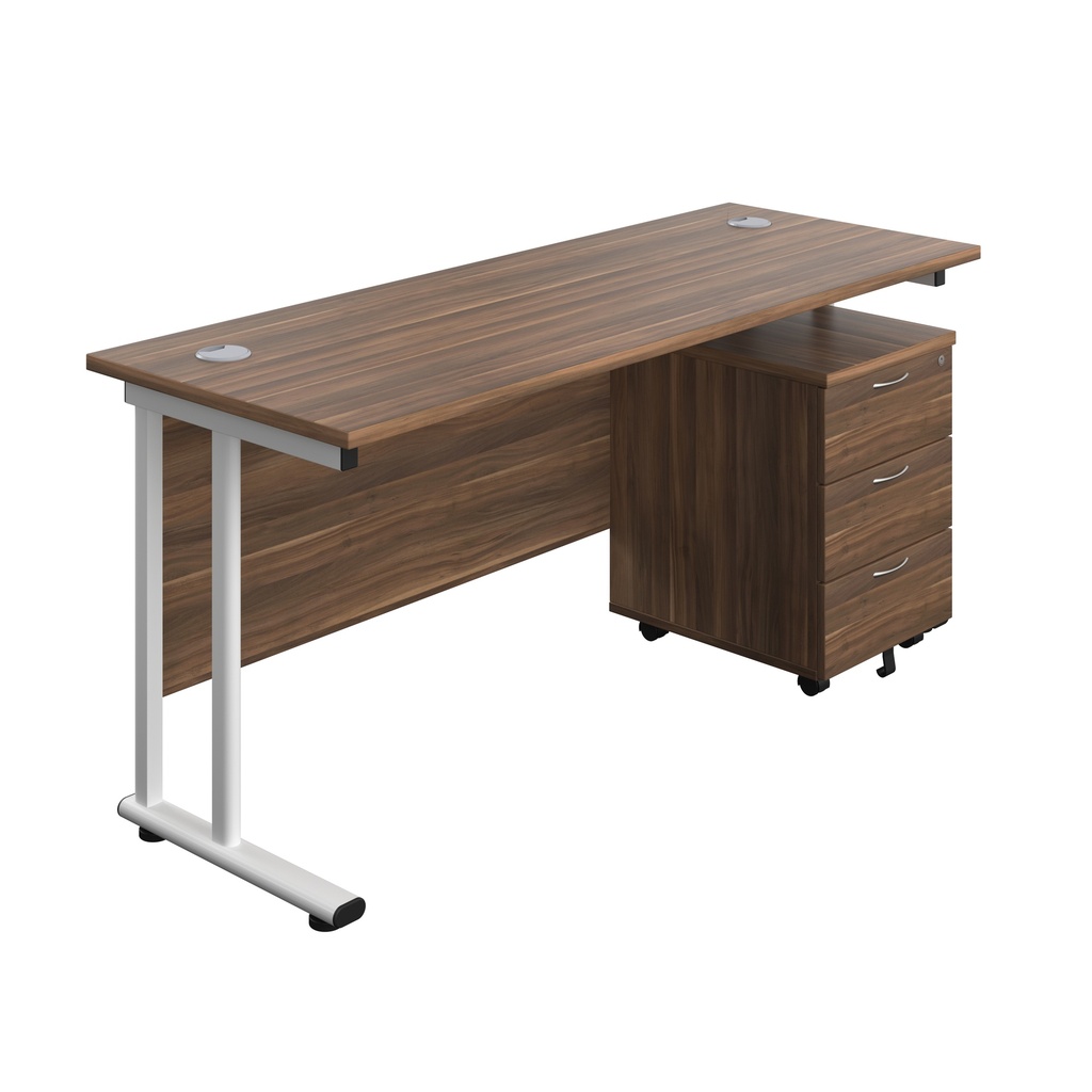 Twin Upright Rectangular Desk + Mobile 3 Drawer Pedestal (FSC) | 1600X600 | Dark Walnut/White | 