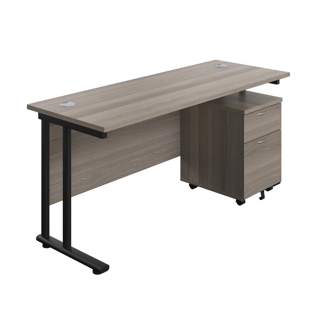 Twin Upright Rectangular Desk + Mobile 2 Drawer Pedestal (FSC) | 1600X600 | Grey Oak/Black | 