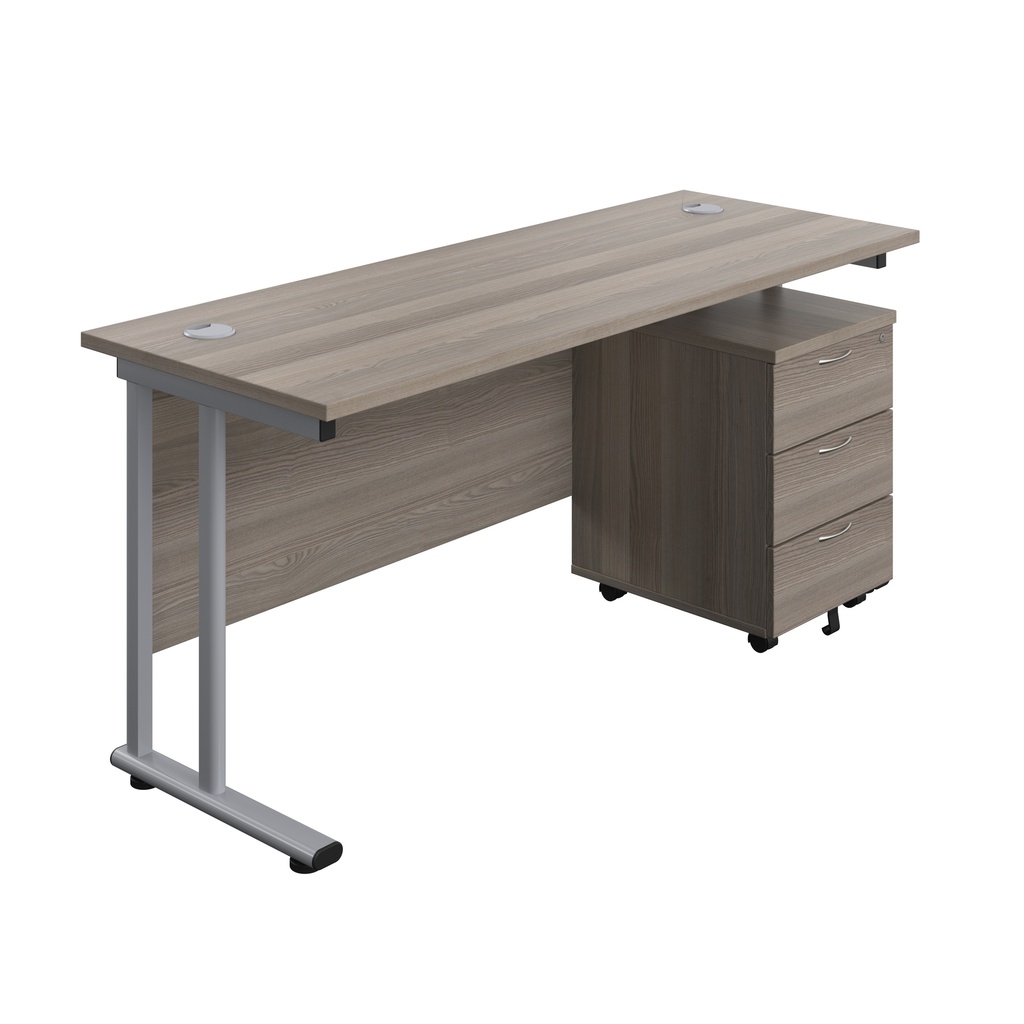 Twin Upright Rectangular Desk + Mobile 3 Drawer Pedestal (FSC) | 1600X600 | Grey Oak/Silver | 