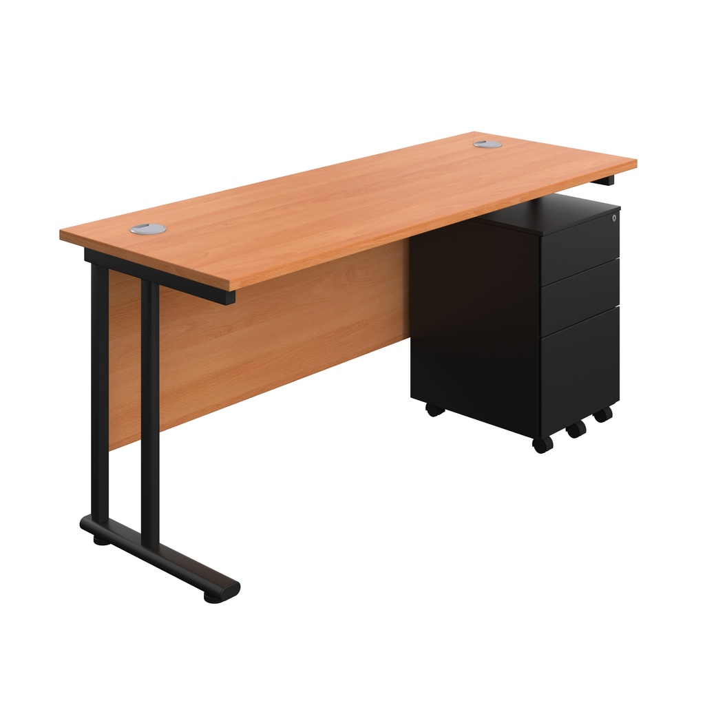 Twin Upright Rectangular Desk + Under Desk Steel Pedestal 3 Drawers (FSC) | 1600X600 | Beech/Black | 