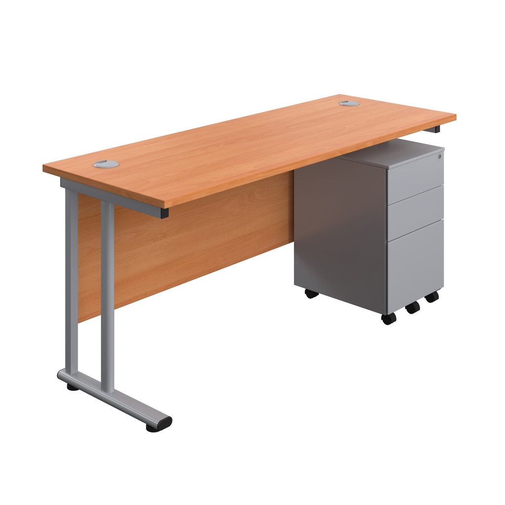 Twin Upright Rectangular Desk + Under Desk Steel Pedestal 3 Drawers (FSC) | 1600X600 | Beech/Silver | 