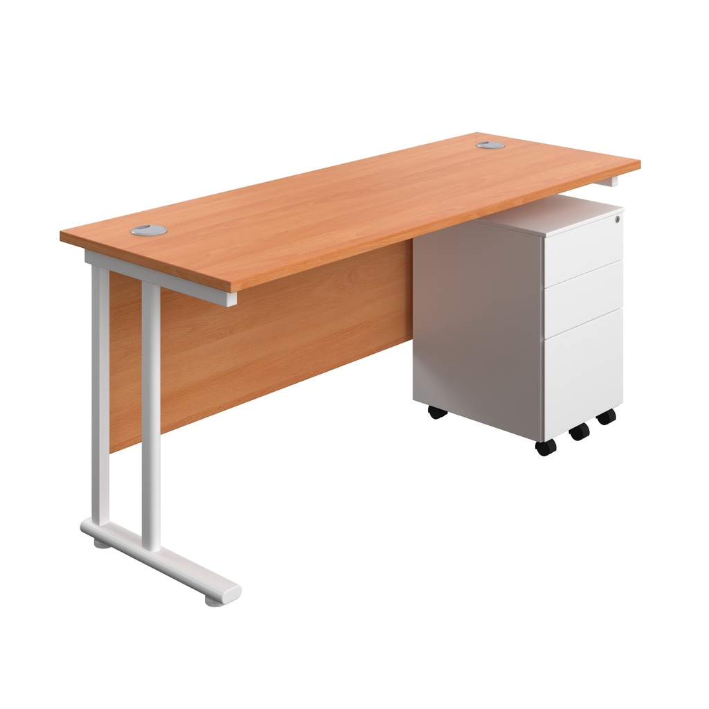 Twin Upright Rectangular Desk + Under Desk Steel Pedestal 3 Drawers (FSC) | 1600X600 | Beech/White | 