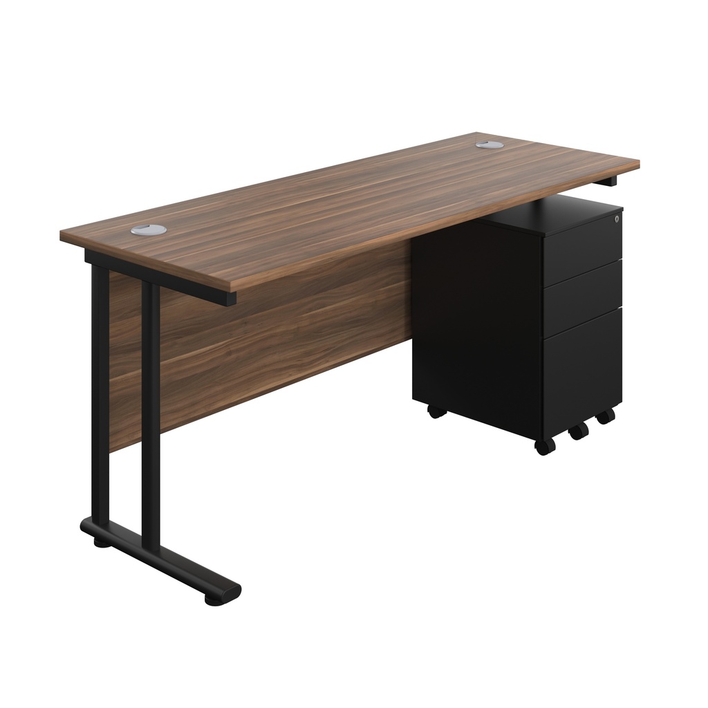 Twin Upright Rectangular Desk + Under Desk Steel Pedestal 3 Drawers (FSC) | 1600X600 | Dark Walnut/Black | 