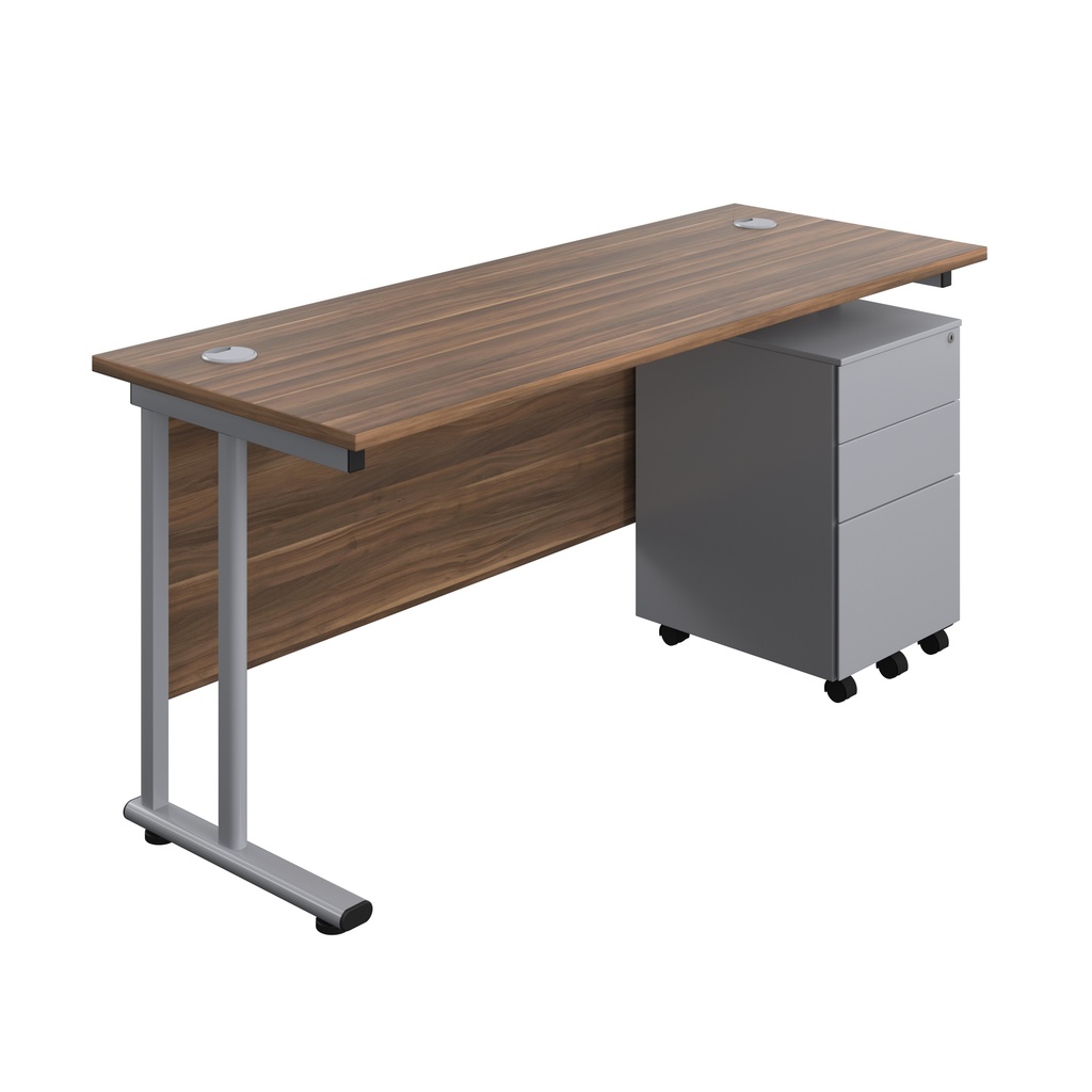 Twin Upright Rectangular Desk + Under Desk Steel Pedestal 3 Drawers (FSC) | 1600X600 | Dark Walnut/Silver | 