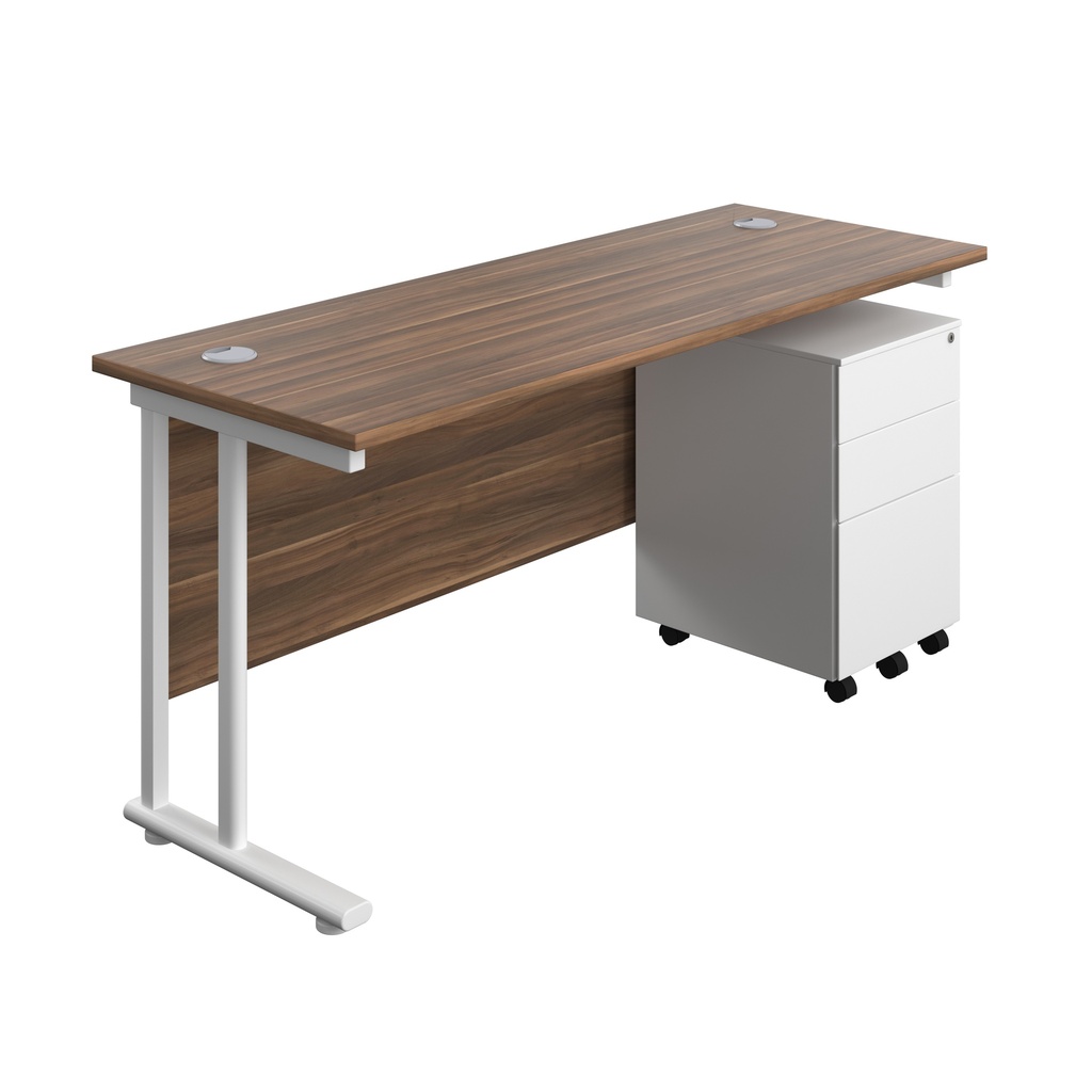 Twin Upright Rectangular Desk + Under Desk Steel Pedestal 3 Drawers (FSC) | 1600X600 | Dark Walnut/White | 