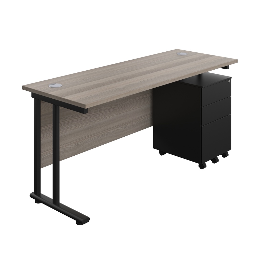 Twin Upright Rectangular Desk + Under Desk Steel Pedestal 3 Drawers (FSC) | 1600X600 | Grey Oak/Black | 