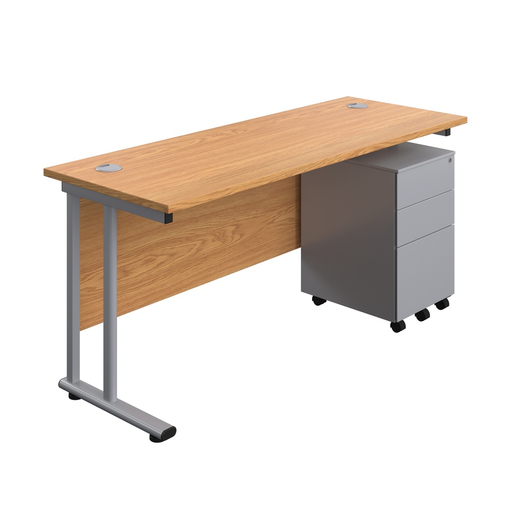 Twin Upright Rectangular Desk + Under Desk Steel Pedestal 3 Drawers (FSC) | 1600X600 | Nova Oak/Silver | 