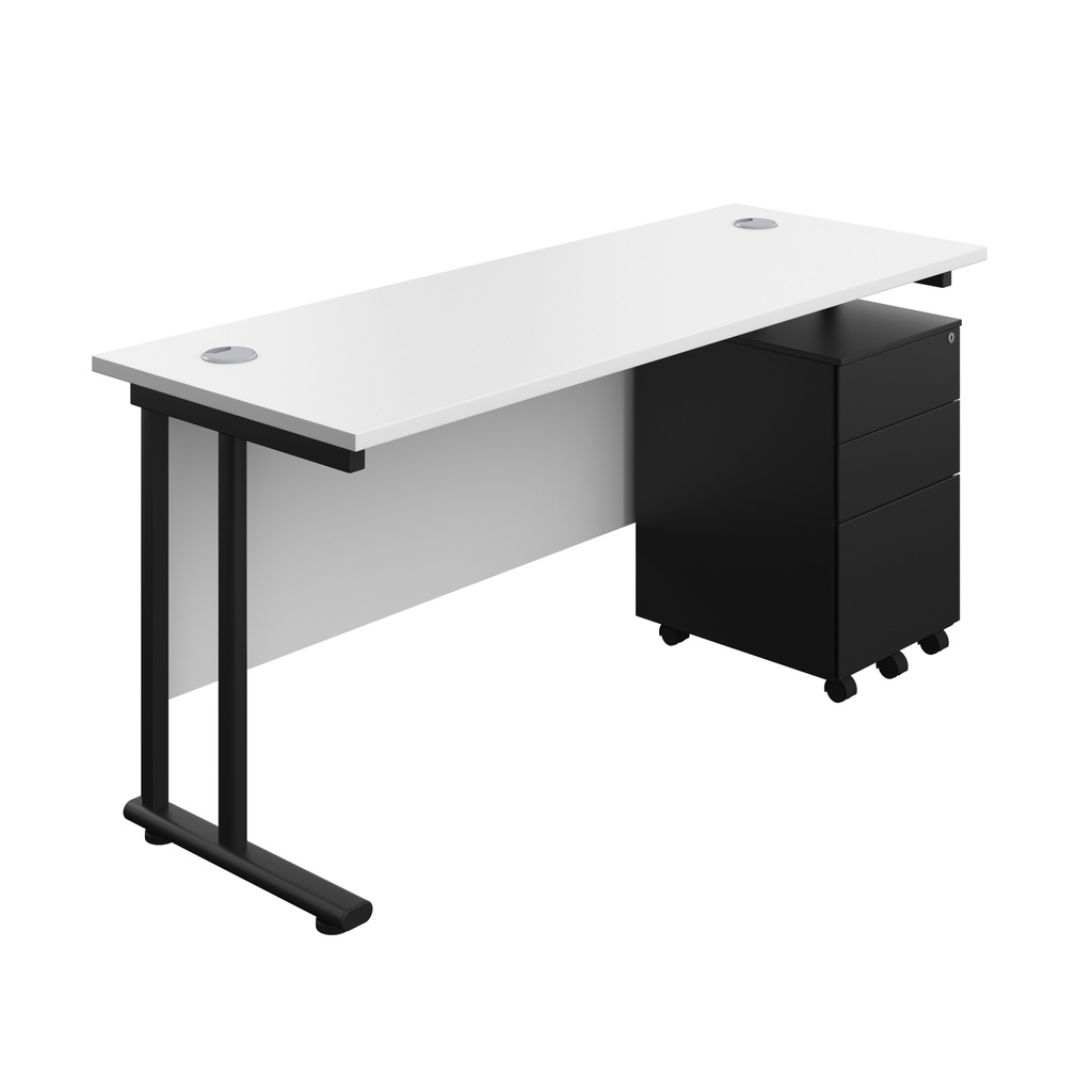 Twin Upright Rectangular Desk + Under Desk Steel Pedestal 3 Drawers (FSC) | 1600X600 | White/Black | 
