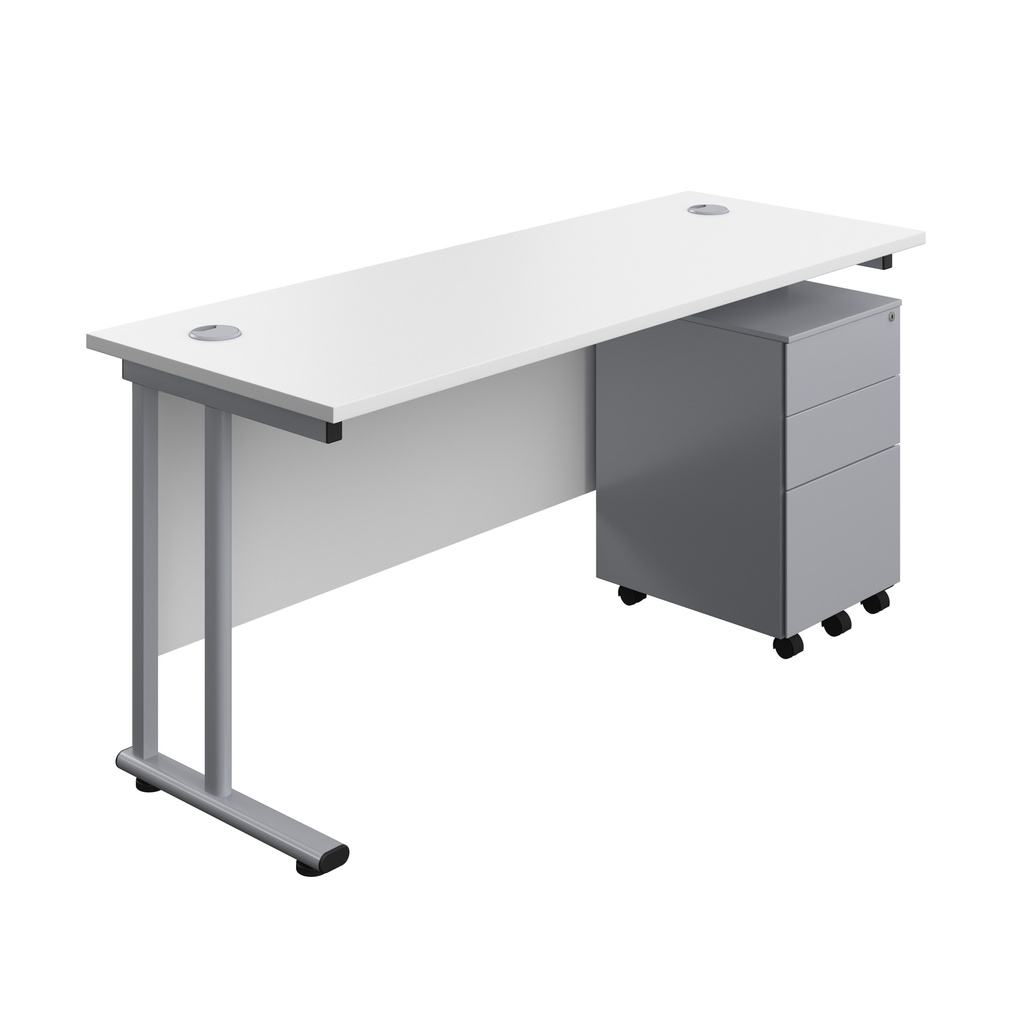 Twin Upright Rectangular Desk + Under Desk Steel Pedestal 3 Drawers (FSC) | 1600X600 | White/Silver | 