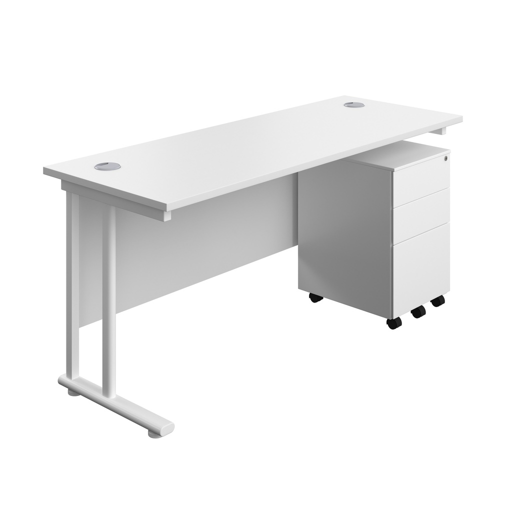 Twin Upright Rectangular Desk + Under Desk Steel Pedestal 3 Drawers (FSC) | 1600X600 | White/White | 