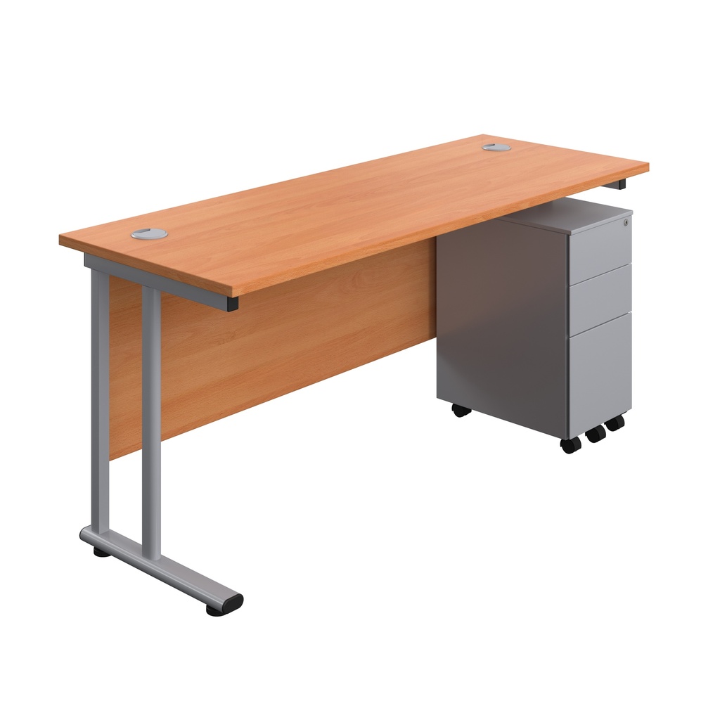 Twin Upright Rectangular Desk + Slimline Steel Pedestal 3 Drawers (FSC) | 1600X600 | Beech/Silver | 