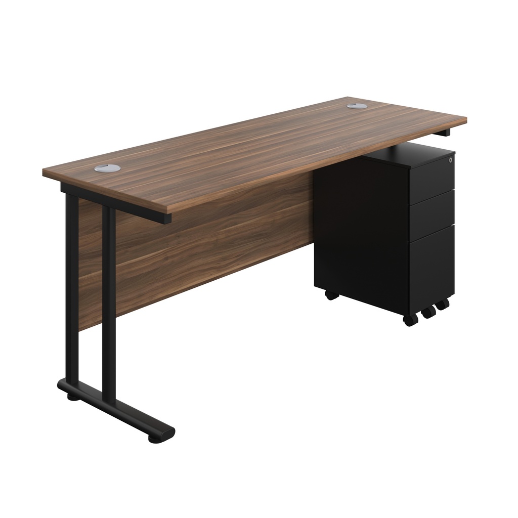 Twin Upright Rectangular Desk + Slimline Steel Pedestal 3 Drawers (FSC) | 1600X600 | Dark Walnut/Black | 