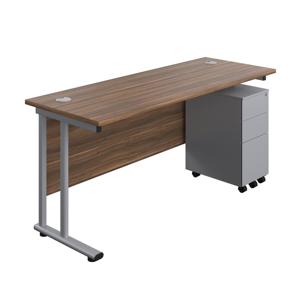 Twin Upright Rectangular Desk + Slimline Steel Pedestal 3 Drawers (FSC) | 1600X600 | Dark Walnut/Silver | 