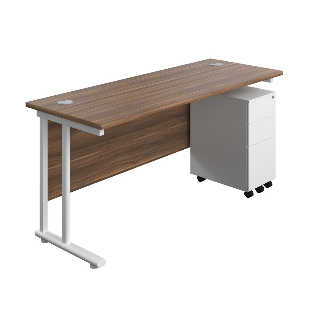 Twin Upright Rectangular Desk + Slimline Steel Pedestal 3 Drawers (FSC) | 1600X600 | Dark Walnut/White | 