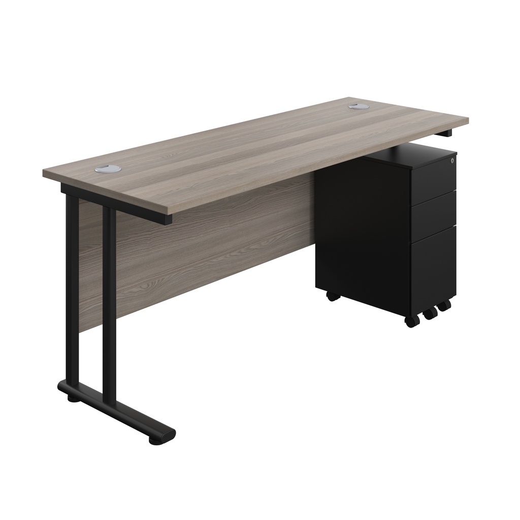 Twin Upright Rectangular Desk + Slimline Steel Pedestal 3 Drawers (FSC) | 1600X600 | Grey Oak/Black | 