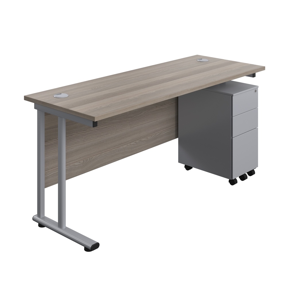 Twin Upright Rectangular Desk + Slimline Steel Pedestal 3 Drawers (FSC) | 1600X600 | Grey Oak/Silver | 
