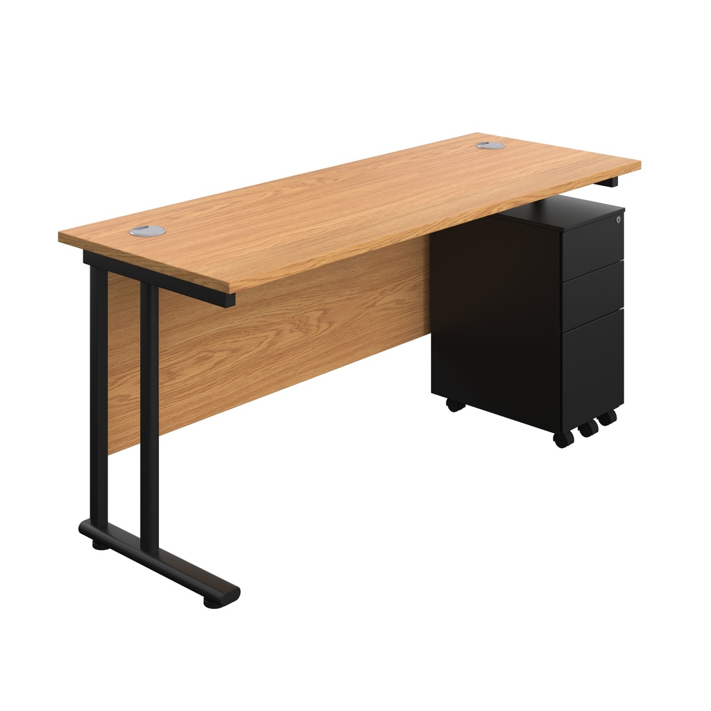 Twin Upright Rectangular Desk + Slimline Steel Pedestal 3 Drawers (FSC) | 1600X600 | Nova Oak/Black | 