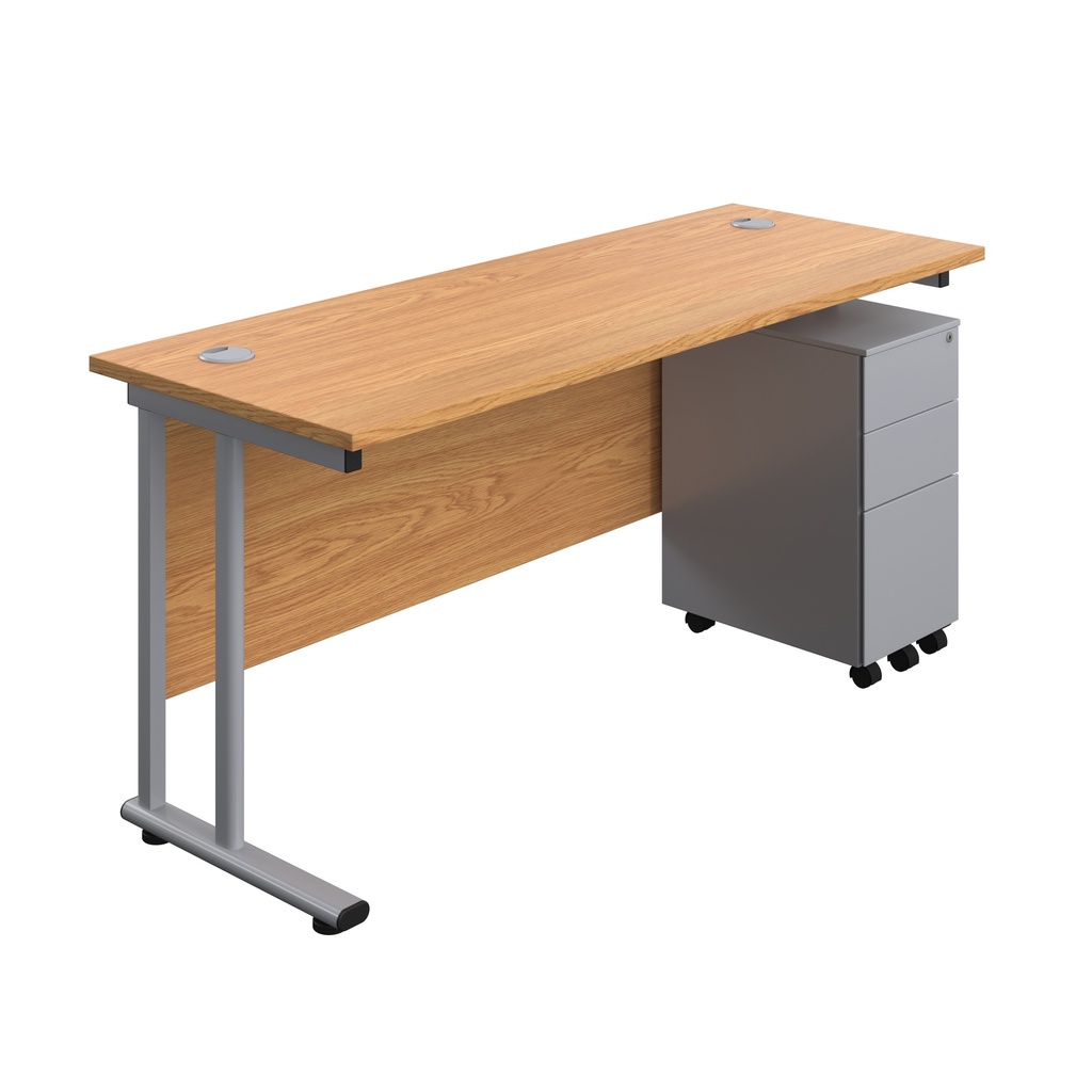 Twin Upright Rectangular Desk + Slimline Steel Pedestal 3 Drawers (FSC) | 1600X600 | Nova Oak/Silver | 