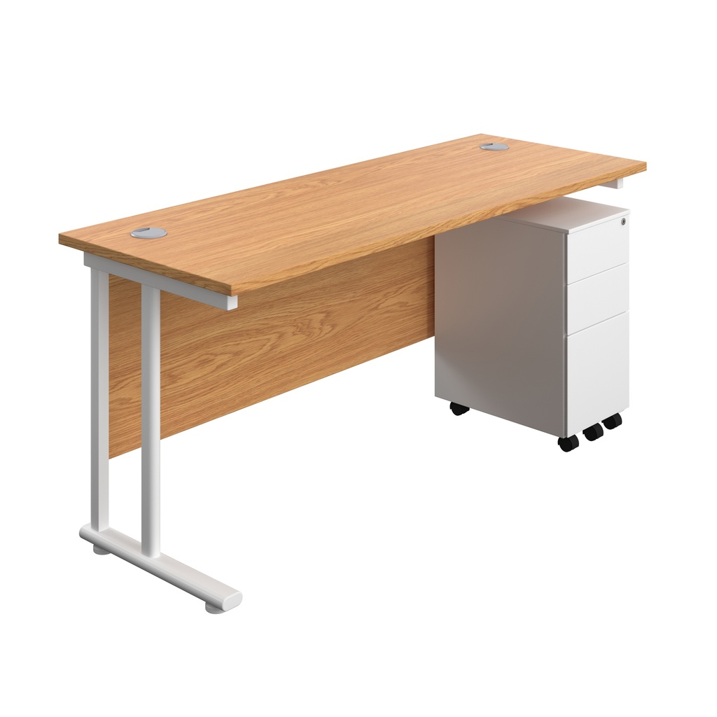 Twin Upright Rectangular Desk + Slimline Steel Pedestal 3 Drawers (FSC) | 1600X600 | Nova Oak/White | 