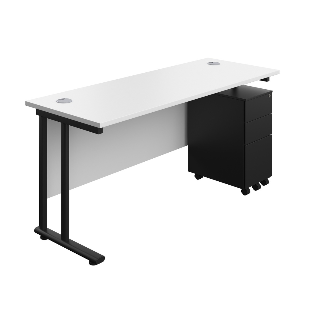 Twin Upright Rectangular Desk + Slimline Steel Pedestal 3 Drawers (FSC) | 1600X600 | White/Black | 