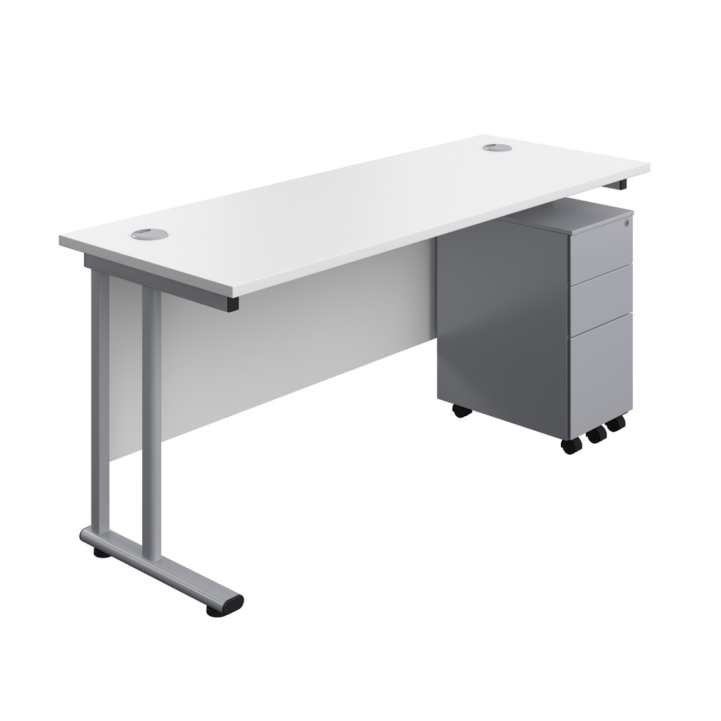 Twin Upright Rectangular Desk + Slimline Steel Pedestal 3 Drawers (FSC) | 1600X600 | White/Silver | 