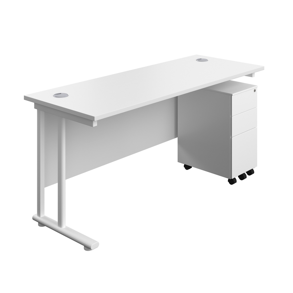 Twin Upright Rectangular Desk + Slimline Steel Pedestal 3 Drawers (FSC) | 1600X600 | White/White | 