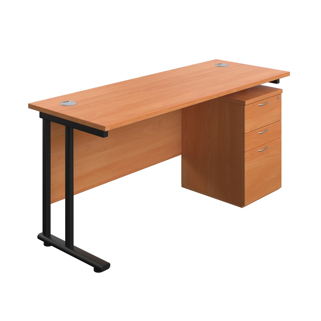 Twin Upright Rectangular Desk + High Mobile Pedestal 3 Drawer (FSC) | 1600X600 | Beech/Black | 