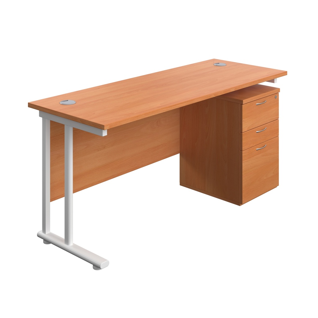 Twin Upright Rectangular Desk + High Mobile Pedestal 3 Drawer (FSC) | 1600X600 | Beech/White | 