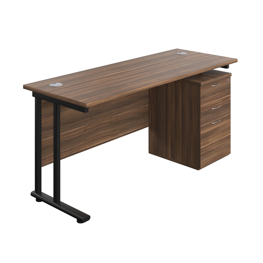 Twin Upright Rectangular Desk + High Mobile Pedestal 3 Drawer (FSC) | 1600X600 | Dark Walnut/Black | 