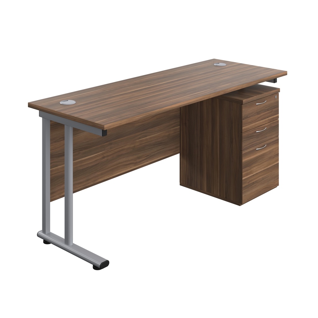 Twin Upright Rectangular Desk + High Mobile Pedestal 3 Drawer (FSC) | 1600X600 | Dark Walnut/Silver | 