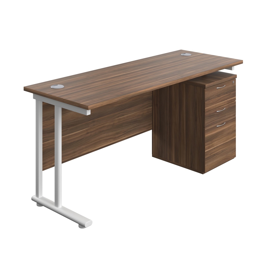 Twin Upright Rectangular Desk + High Mobile Pedestal 3 Drawer (FSC) | 1600X600 | Dark Walnut/White | 
