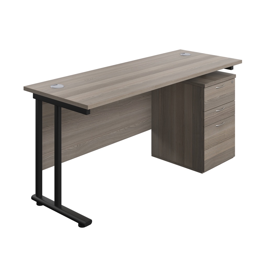Twin Upright Rectangular Desk + High Mobile Pedestal 3 Drawer (FSC) | 1600X600 | Grey Oak/Black | 