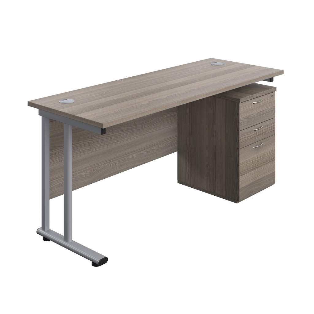 Twin Upright Rectangular Desk + High Mobile Pedestal 3 Drawer (FSC) | 1600X600 | Grey Oak/Silver | 