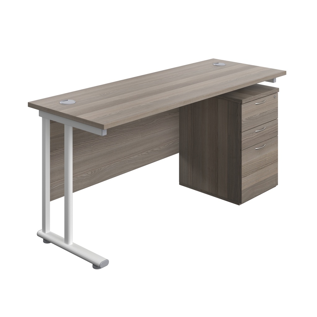 Twin Upright Rectangular Desk + High Mobile Pedestal 3 Drawer (FSC) | 1600X600 | Grey Oak/White | 