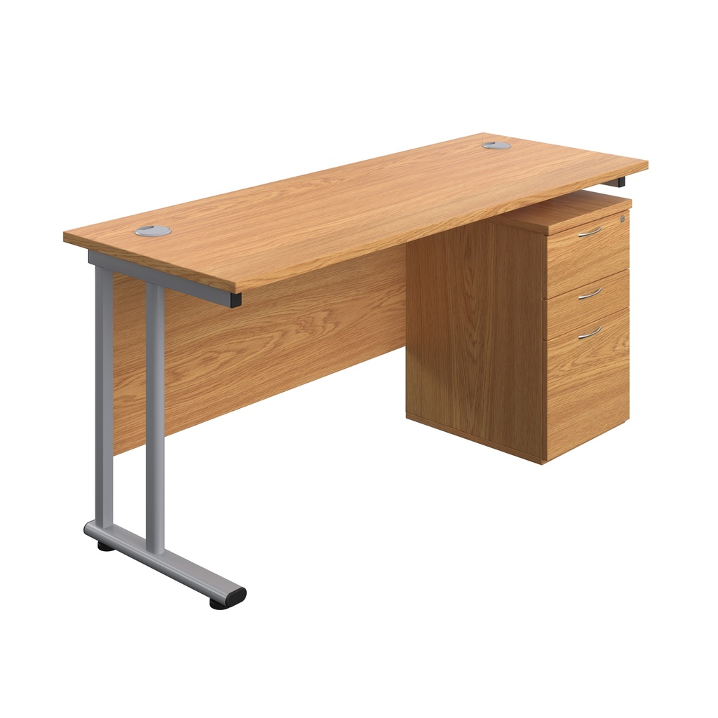 Twin Upright Rectangular Desk + High Mobile Pedestal 3 Drawer (FSC) | 1600X600 | Nova Oak/Silver | 