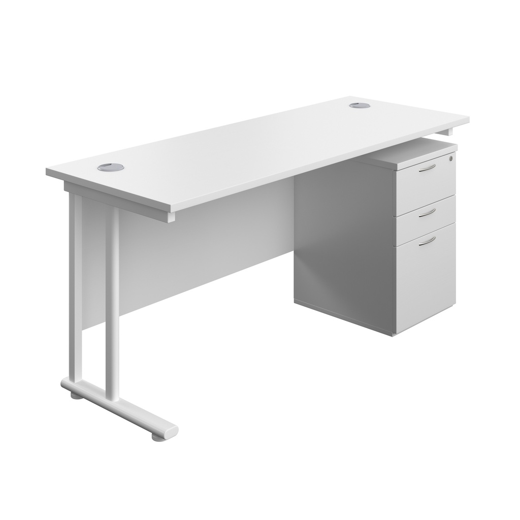 Twin Upright Rectangular Desk + High Mobile Pedestal 3 Drawer (FSC) | 1600X600 | White/White | 