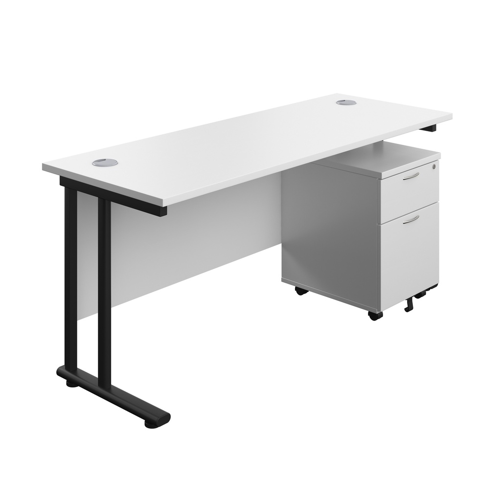 Twin Upright Rectangular Desk + Mobile 2 Drawer Pedestal (FSC) | 1600X600 | White/Black | 