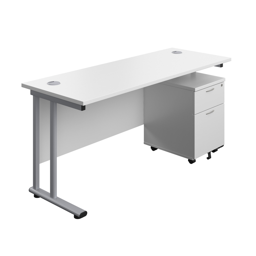 Twin Upright Rectangular Desk + Mobile 2 Drawer Pedestal (FSC) | 1600X600 | White/Silver | 