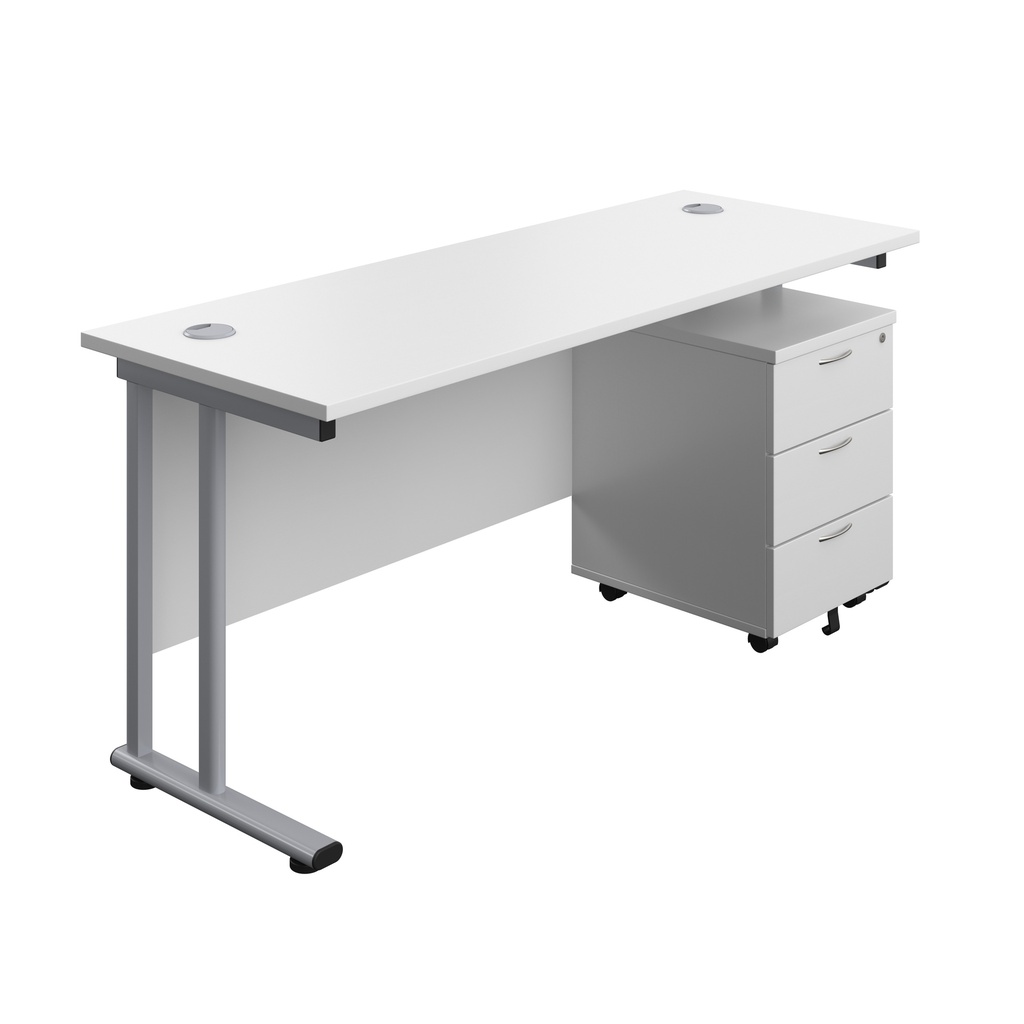 Twin Upright Rectangular Desk + Mobile 3 Drawer Pedestal (FSC) | 1600X600 | White/Silver | 
