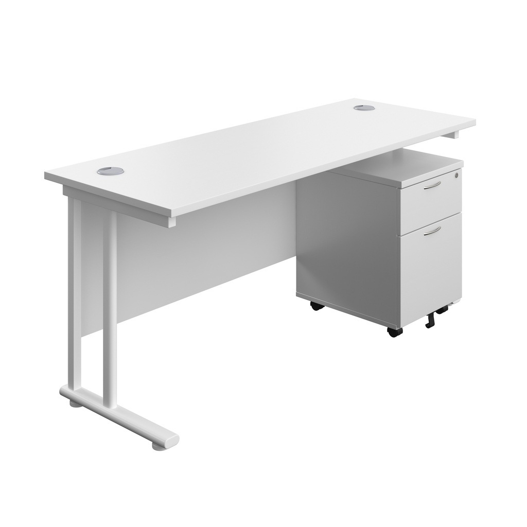 Twin Upright Rectangular Desk + Mobile 2 Drawer Pedestal (FSC) | 1600X600 | White/White | 